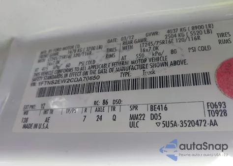 2012 Ford E-250 Commercial z USA, uszkodzony, nr VIN 1FTNS2EW2CDA70850